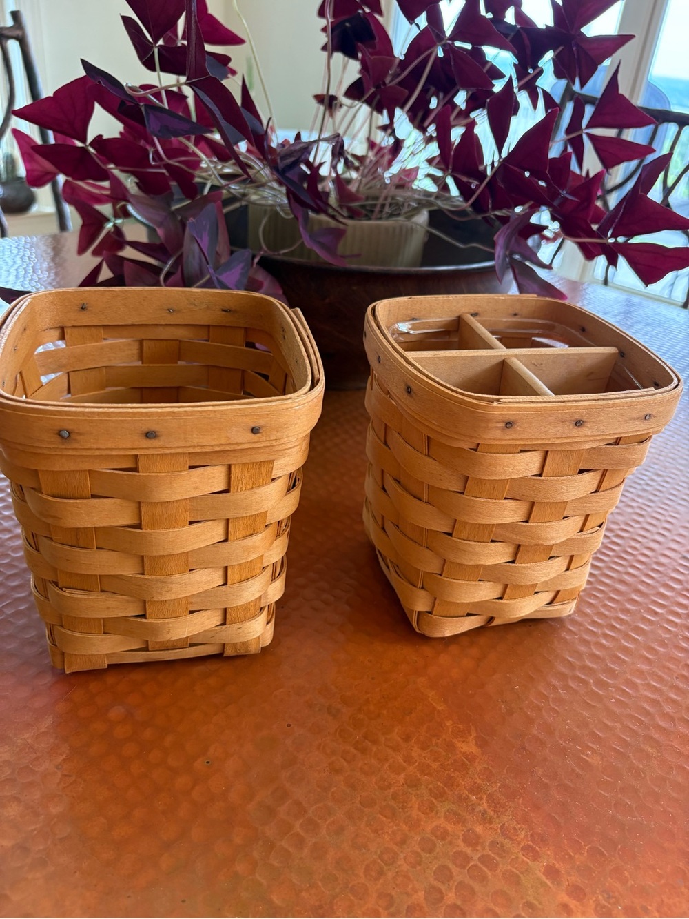 Two Handwoven Longaberger Natural Wicker Utensil Holders Baskets 1 Wooden divide